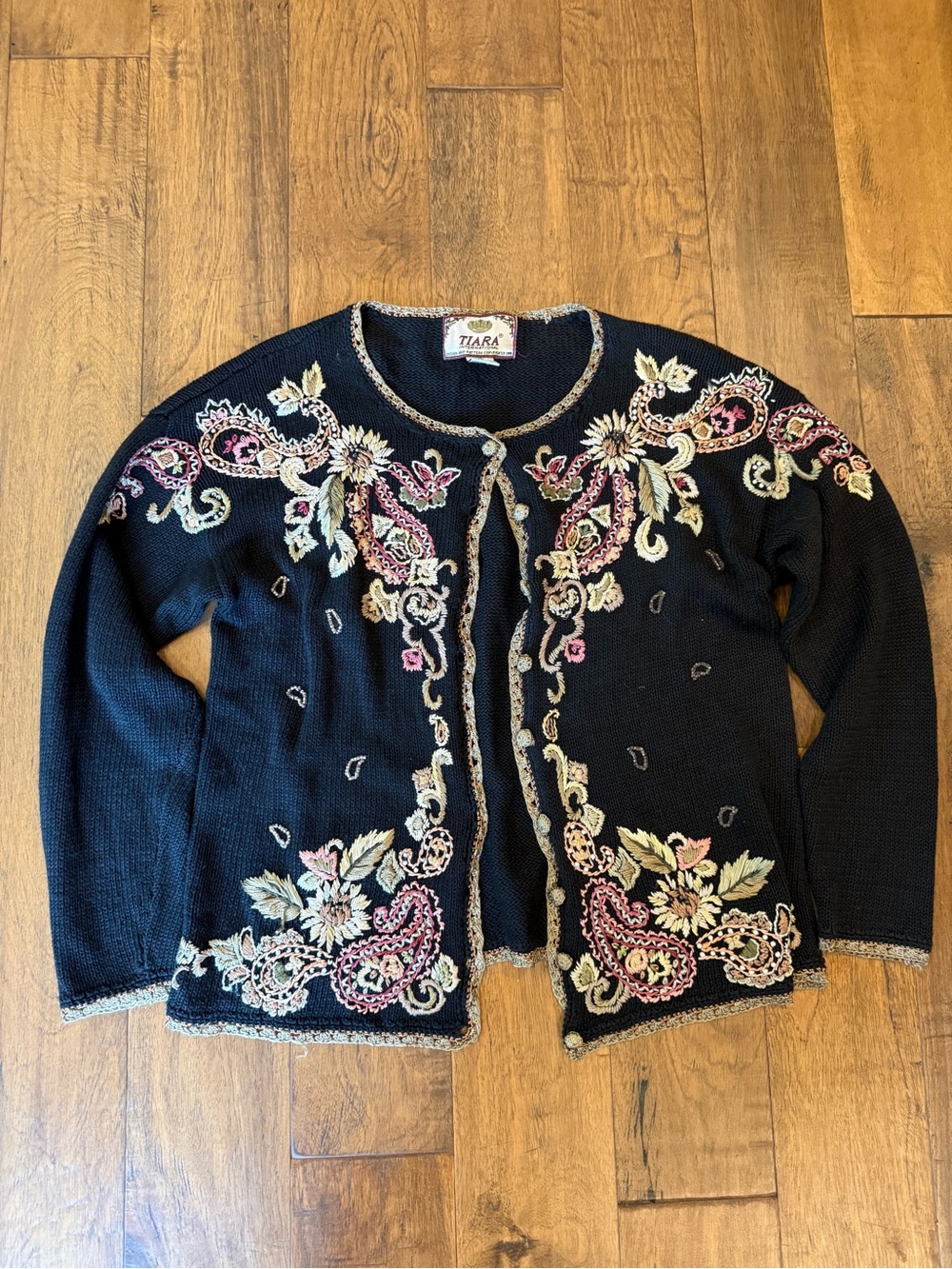 Tiara Black Embroidered Floral Open Cardigan with Pink and Cream Accents